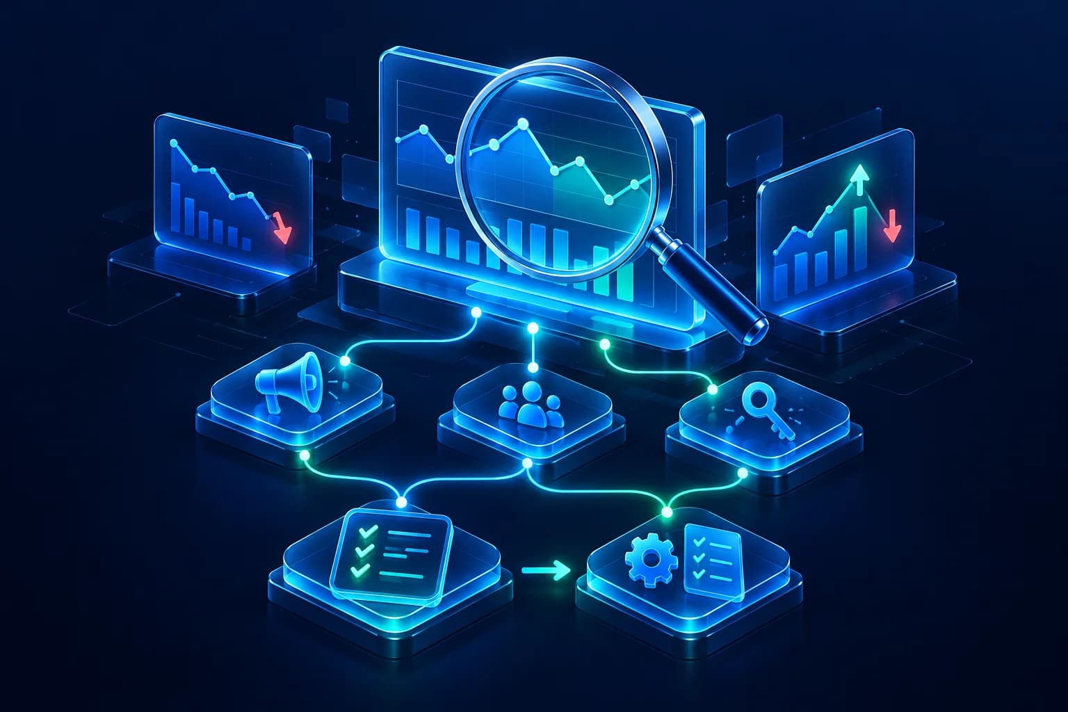Illustration of a magnifying glass examining campaign charts and connected action-plan workflows
